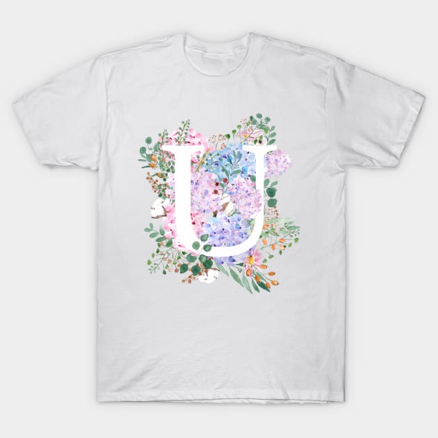 botanical monogram alphabet U hydrangea flowers T-Shirt by colorandcolor